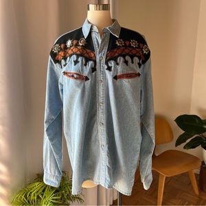 90s Vntg Johnny Hallyday Denim snap button Western Shirt